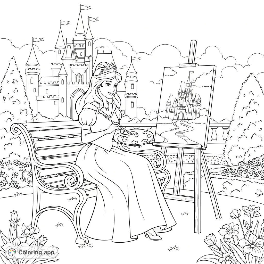 A princess, holding a paintbrush and palette, sits by an easel, creating an artwork of her majestic castle. Surrounding her are lush gardens with blooming flowers.