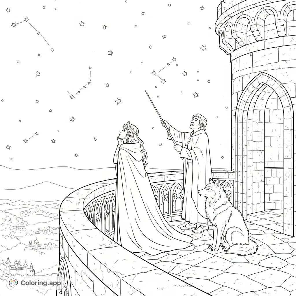 A princess, wolf, and astronomer share a serene night on a castle balcony, gazing at constellations under a star-filled sky. A peaceful fantasy scene.