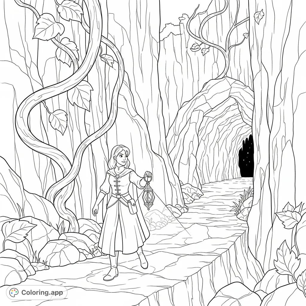 A determined princess with an ornate lantern explores a rugged, rocky path toward a mysterious cave entrance, surrounded by ancient, twisted vines.