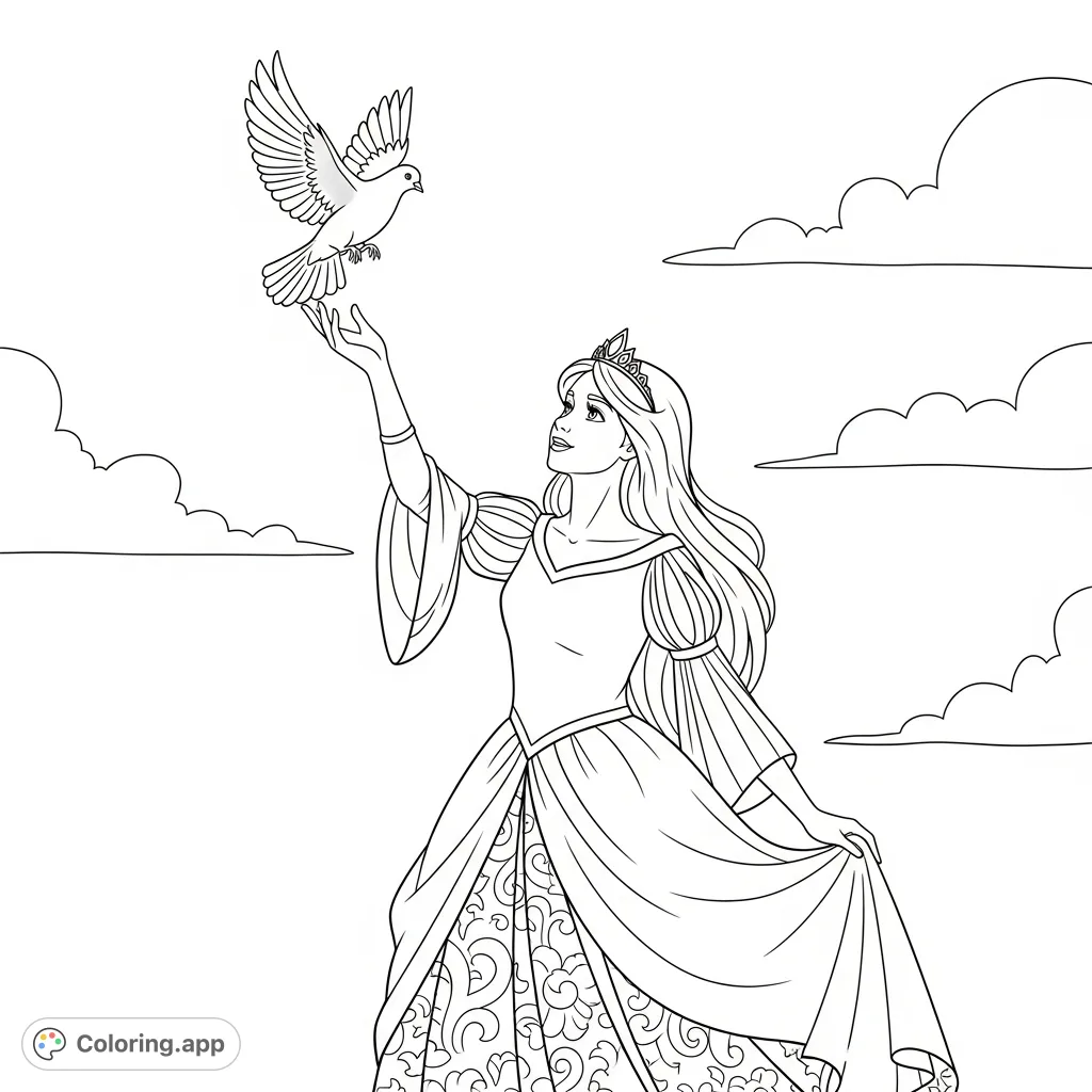 A graceful princess releases a majestic dove into a vast sky, her flowing gown detailed with patterns. A scene of hope and freedom for creative coloring.