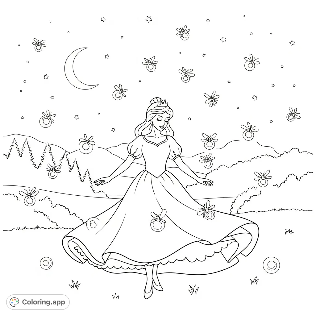 A majestic princess gracefully dances amidst a swarm of radiant fireflies under a twilight sky, surrounded by silhouetted trees and a crescent moon.