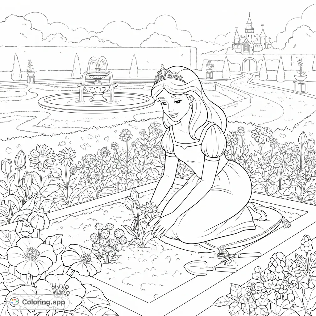 A charming scene of a princess kneeling in a meticulously designed royal garden, planting various flowers amidst ornate hedges and a classical fountain.