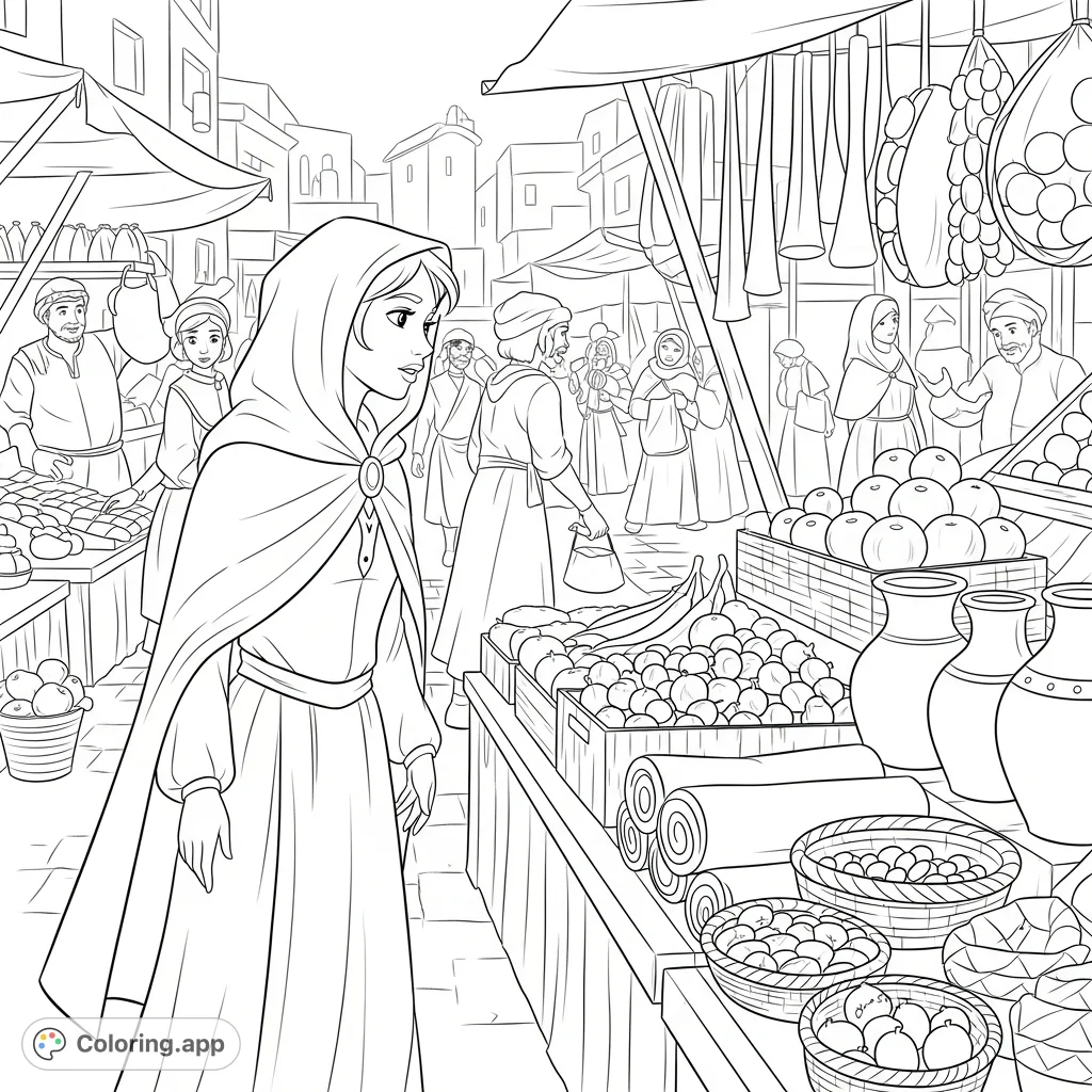 A princess in disguise explores a bustling marketplace, observing vibrant stalls and diverse goods. An enchanting scene of secret identity and daily life.