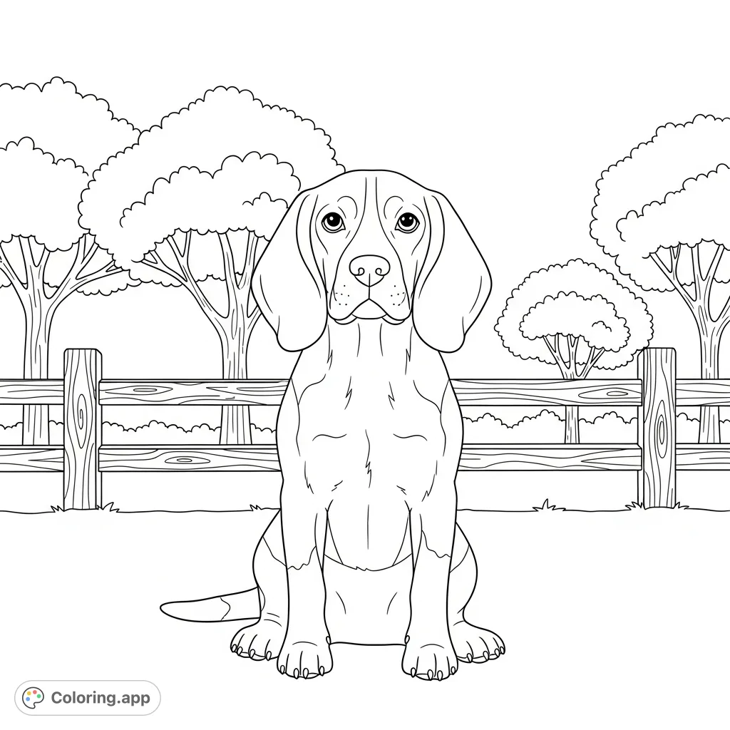 A charming coloring page featuring a proud beagle dog sitting with its tail curled, set against a simplified rustic fence and rounded trees. Perfect for dog lovers!