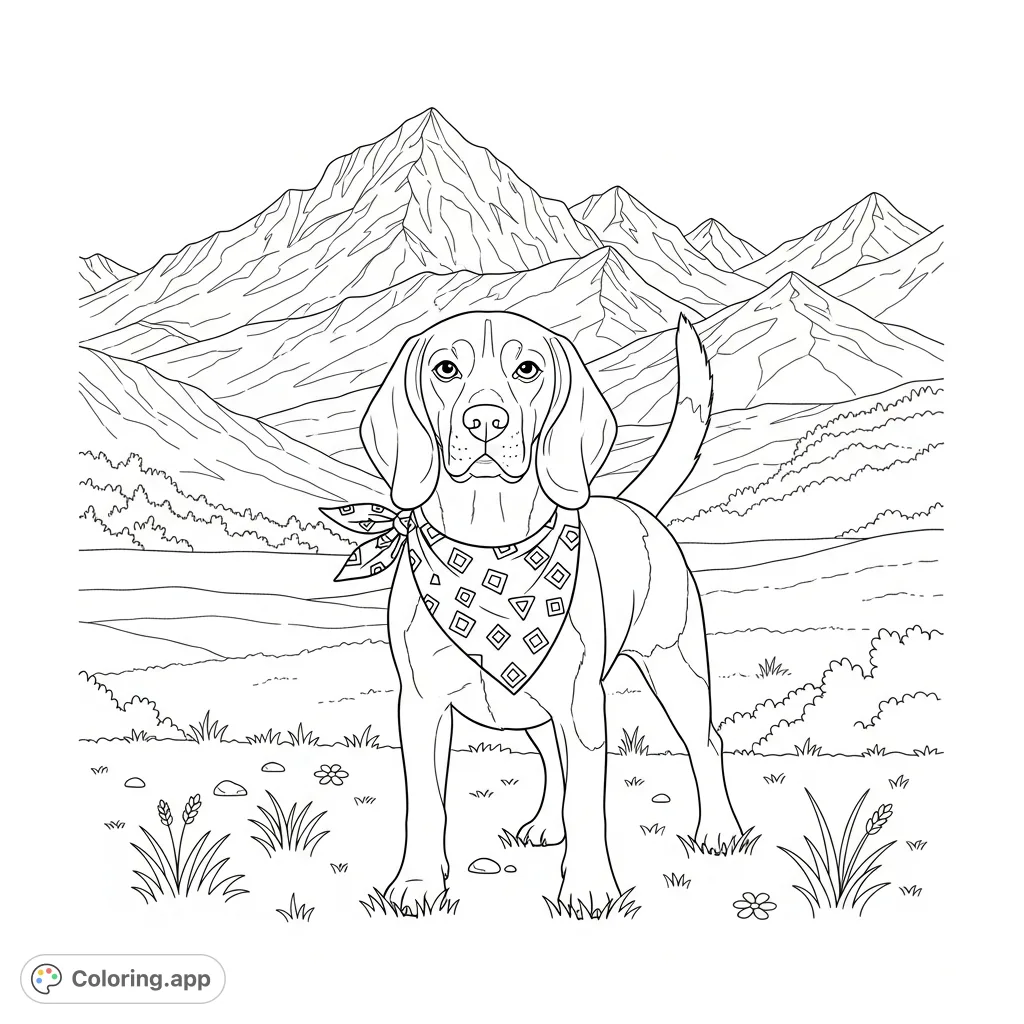A proud beagle wearing a patterned bandana stands in an open field, gazing towards majestic, rugged mountains under a vast sky. A delightful scene.