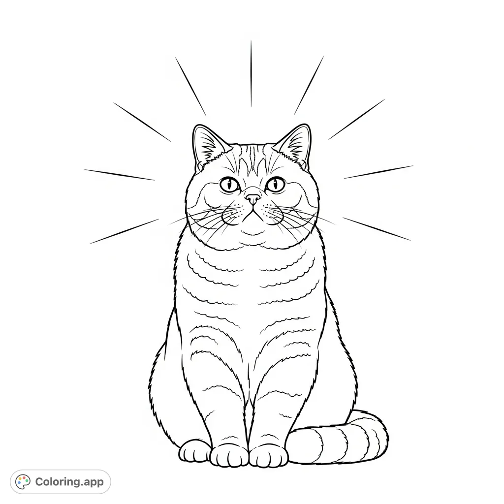 A charming British Shorthair cat sitting proudly with radiant sun rays behind it, offering a delightful and engaging coloring experience for all.
