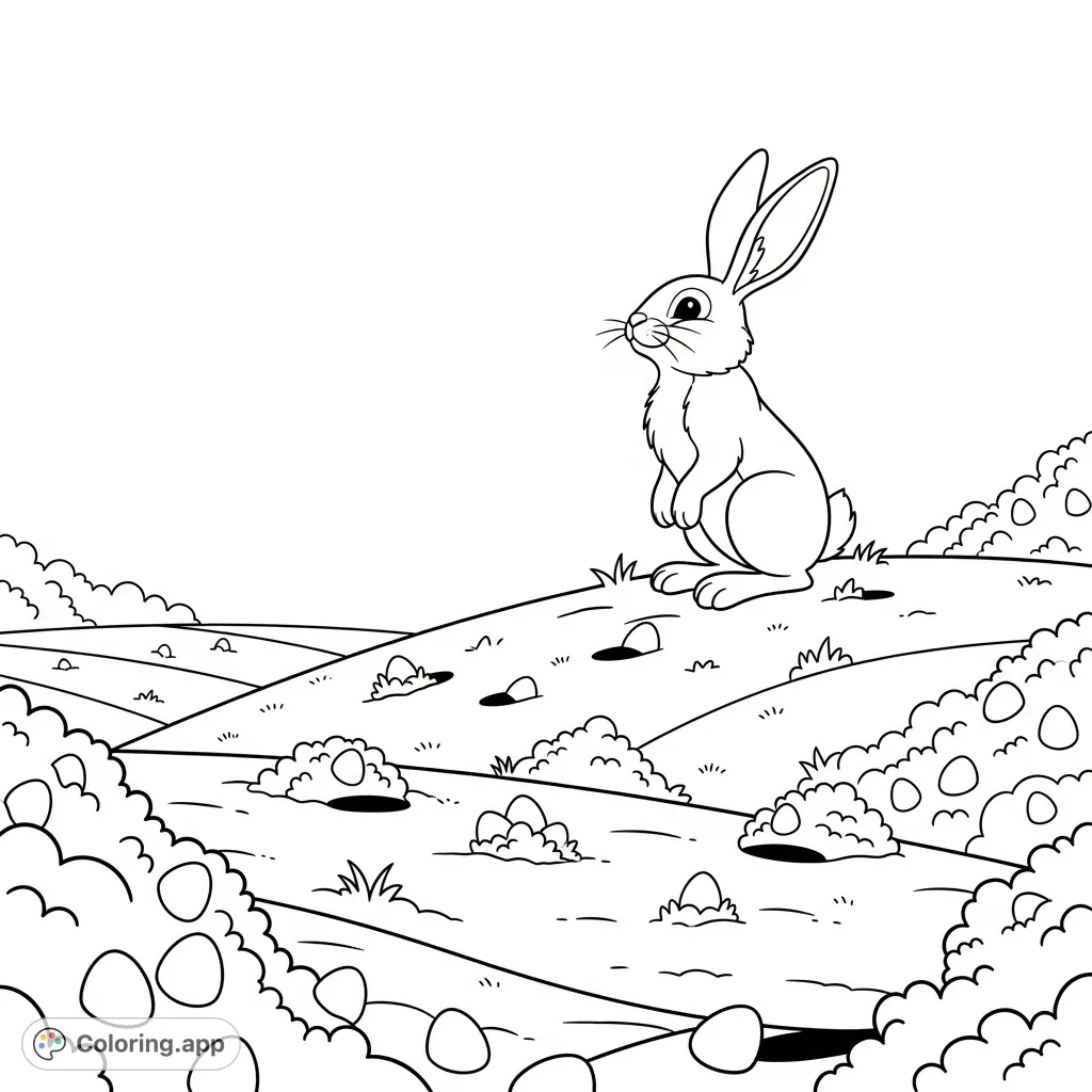 A charming bunny proudly overlooks a field filled with subtly hidden eggs, inviting a delightful coloring adventure for all ages. Perfect for spring and Easter themes!