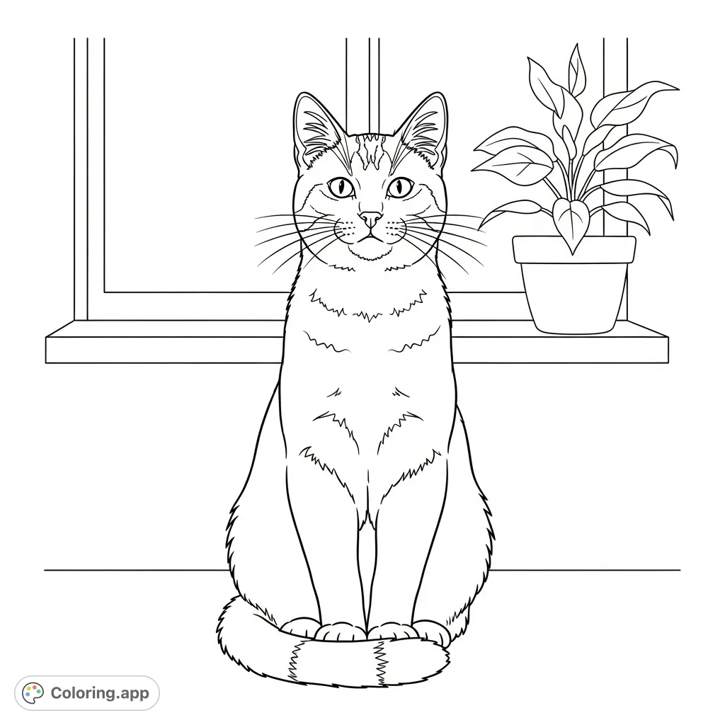 A serene cat sits proudly, its fluffy tail elegantly curled around its paws, framed by a cozy indoor setting. Perfect for relaxation.