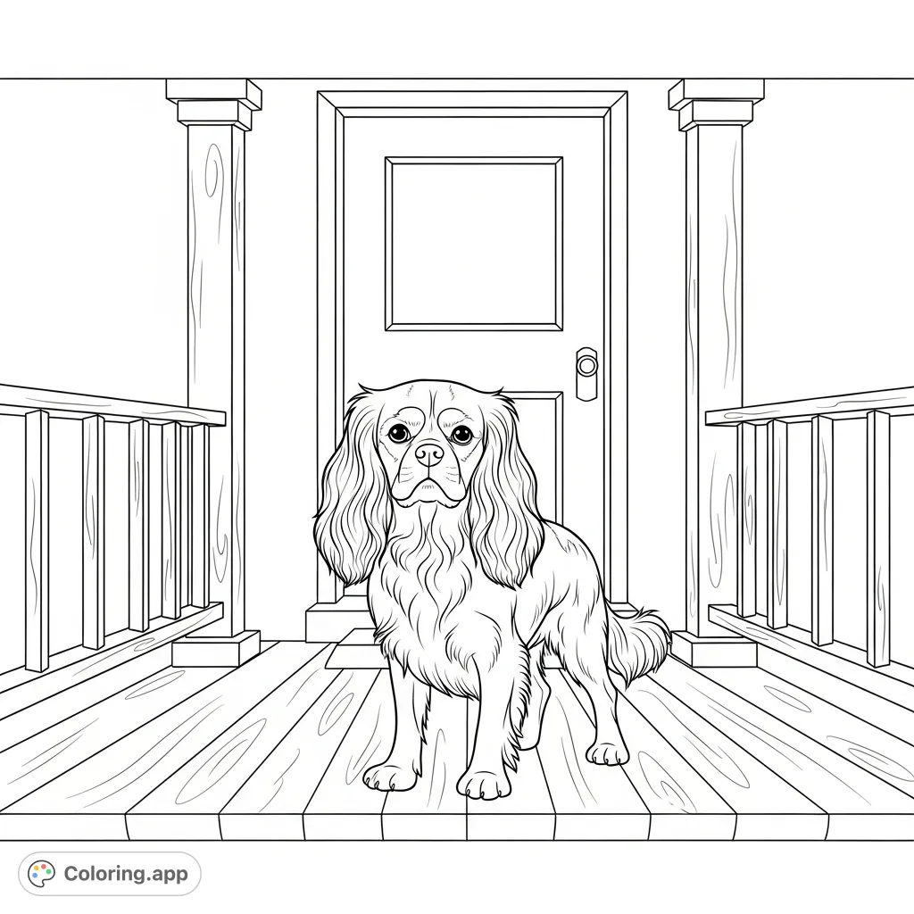 A charming Cavalier King Charles Spaniel stands proudly on a welcoming porch with a simple railing and door, offering delightful coloring opportunities.