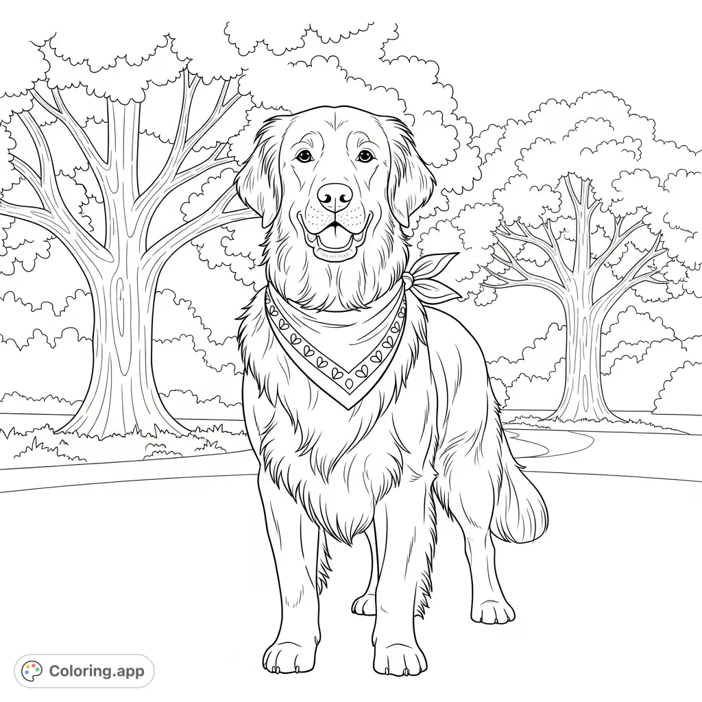 A charming golden retriever stands proudly with a friendly expression, wearing a patterned bandana, set against a backdrop of park trees and foliage.
