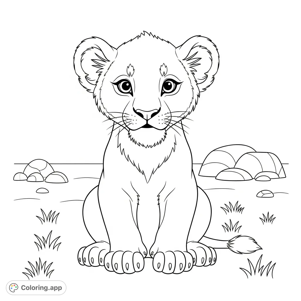 A charming coloring page featuring a cute lion cub sitting proudly amidst savanna grass and rocks. Perfect for animal lovers and young artists.