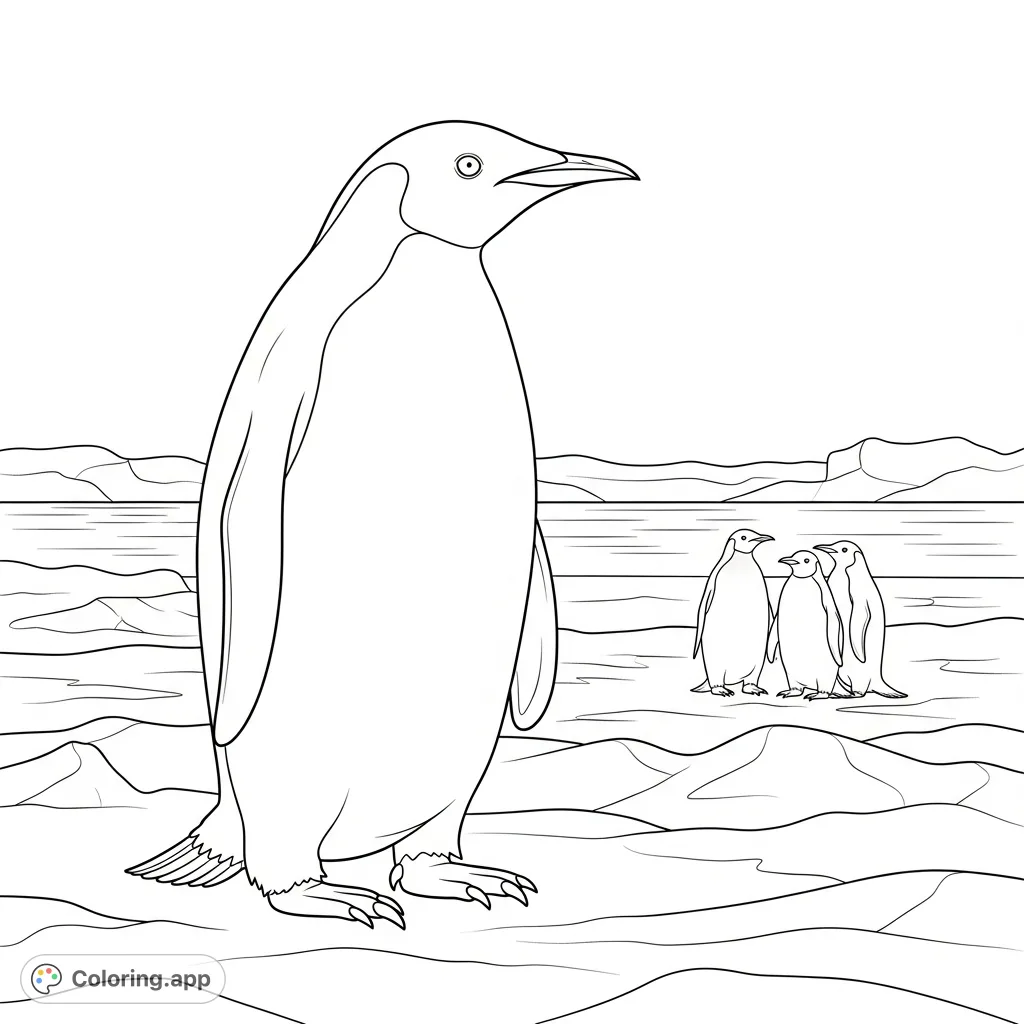 A proud penguin stands tall on a flat ice expanse, with a small group of companion penguins in the background, set against a calm horizon.