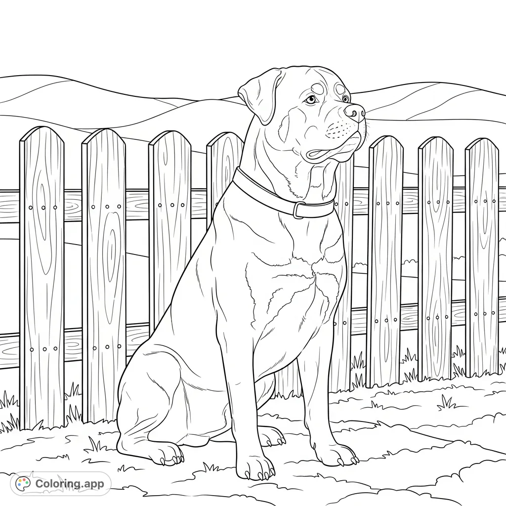 A dignified Rottweiler sits proudly beside a sturdy wooden fence, with gentle rolling hills stretching into the distance under a clear sky.