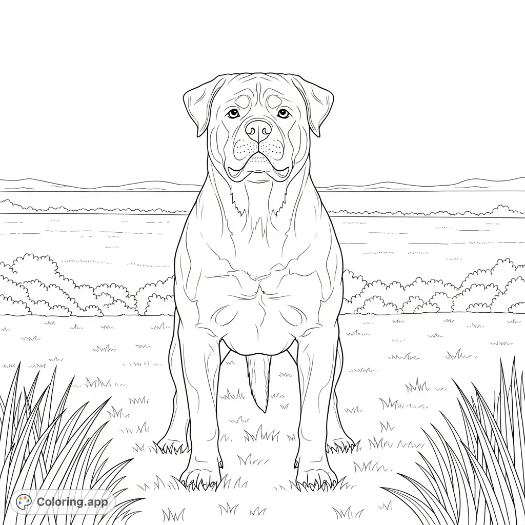 A powerful Rottweiler stands alert in a grassy field, showcasing its muscular build and proud stance against a simple, expansive outdoor background.