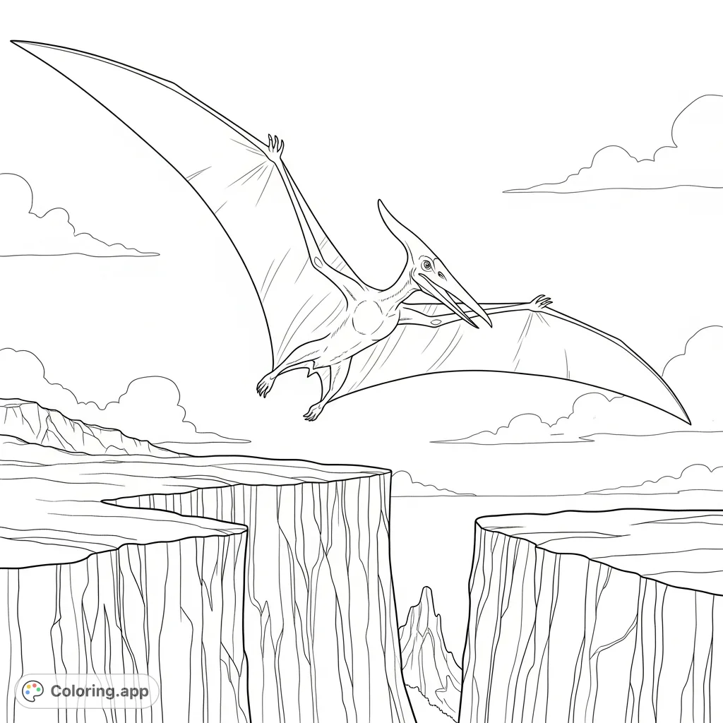 Soar with a majestic pteranodon over ancient, rugged cliffs. This detailed page captures prehistoric flight against a vast sky with minimal clouds.