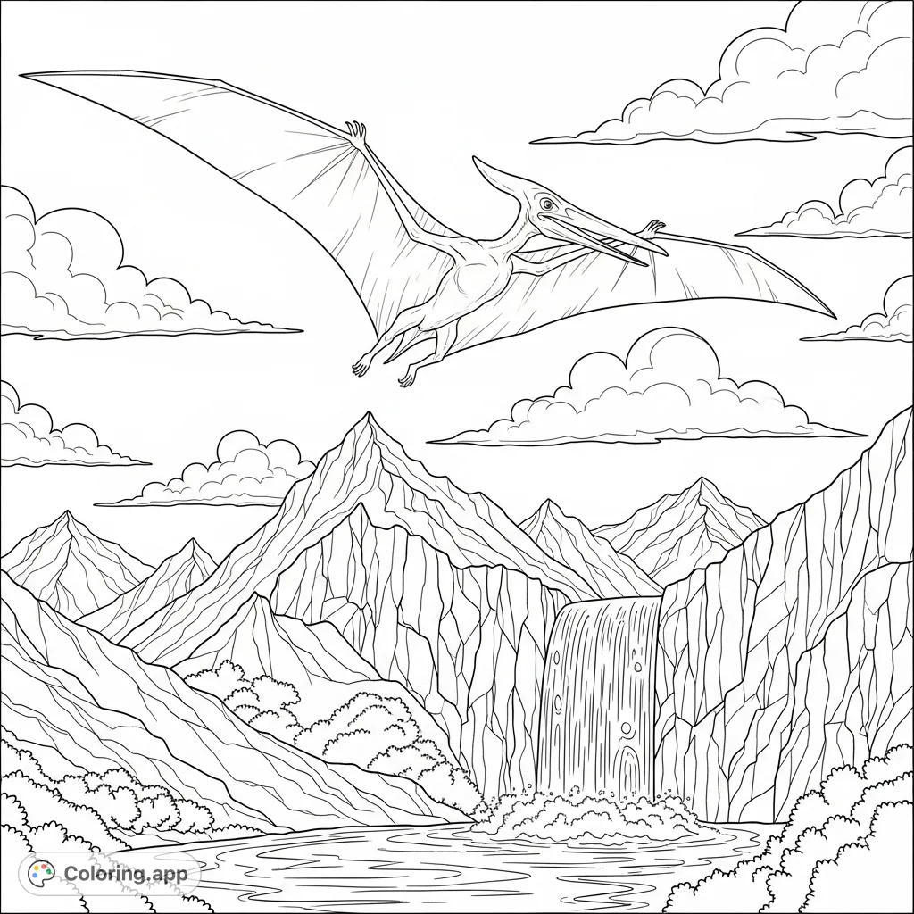 Soar through prehistoric skies! A majestic pterodactyl glides over rugged mountains and a powerful waterfall, surrounded by ancient landscapes.