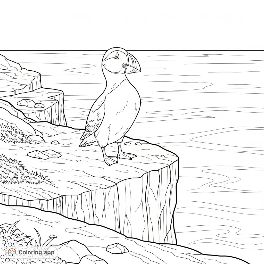 A charming puffin stands proudly on a textured cliff edge overlooking a calm ocean with soft, curved wave lines. A peaceful coastal scene.