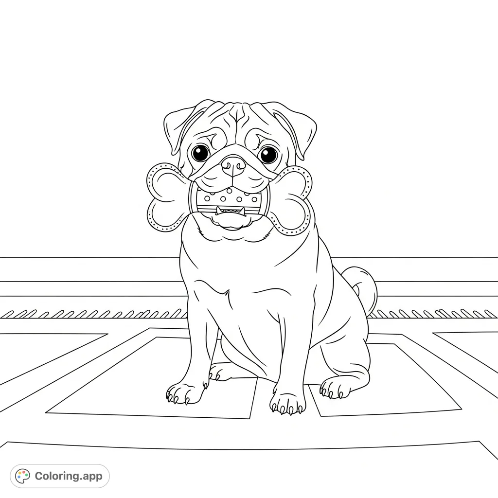 A delightful coloring page featuring a cute pug happily chewing its favorite toy bone, set against a simple, patterned indoor rug.