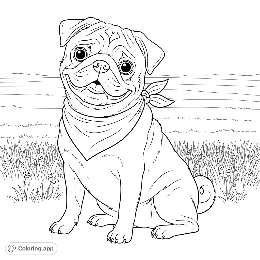 A charming coloring page featuring a cheerful pug wearing a simple bandana, sitting in a vast grassy field with subtle wildflowers.