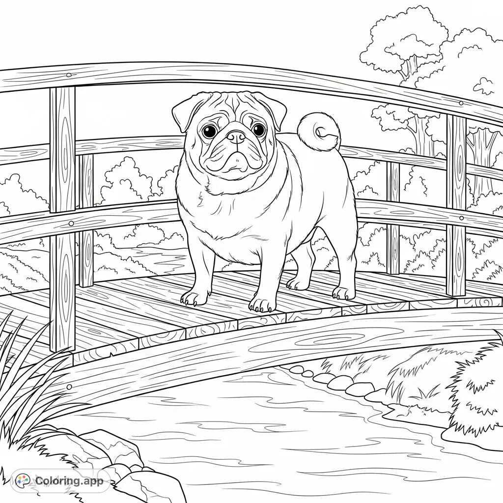 A delightful pug stands on a charming wooden footbridge spanning a calm stream, surrounded by gentle nature. A perfect scene for tranquil coloring fun!