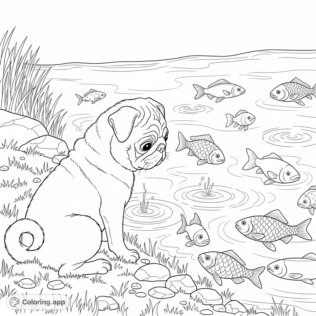 A charming pug attentively watches several fish swimming in a serene, shallow pond, surrounded by gentle ripples and lush pond-side greenery.