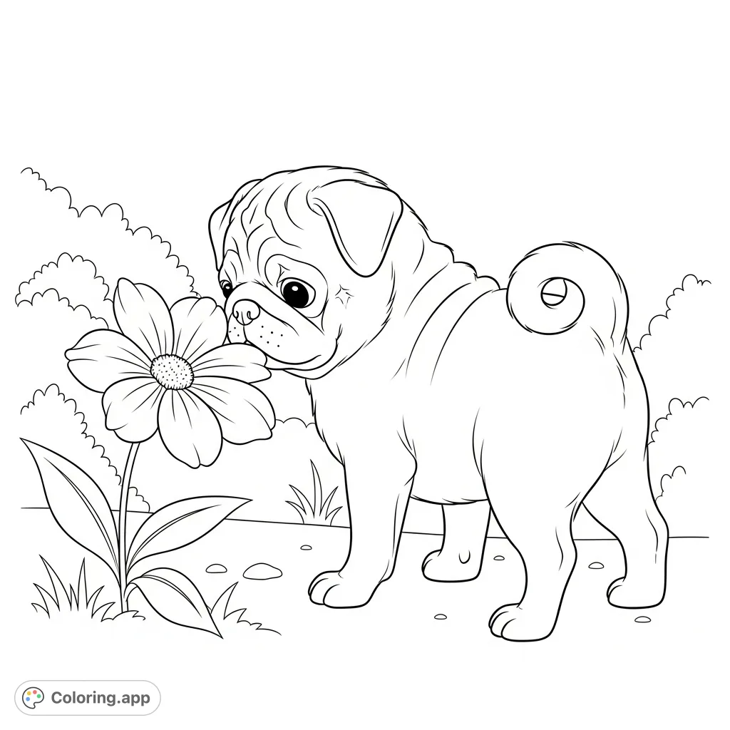 A charming coloring page featuring an adorable pug with gentle, rounded features delicately sniffing a beautiful flower amidst a minimal, serene garden setting.