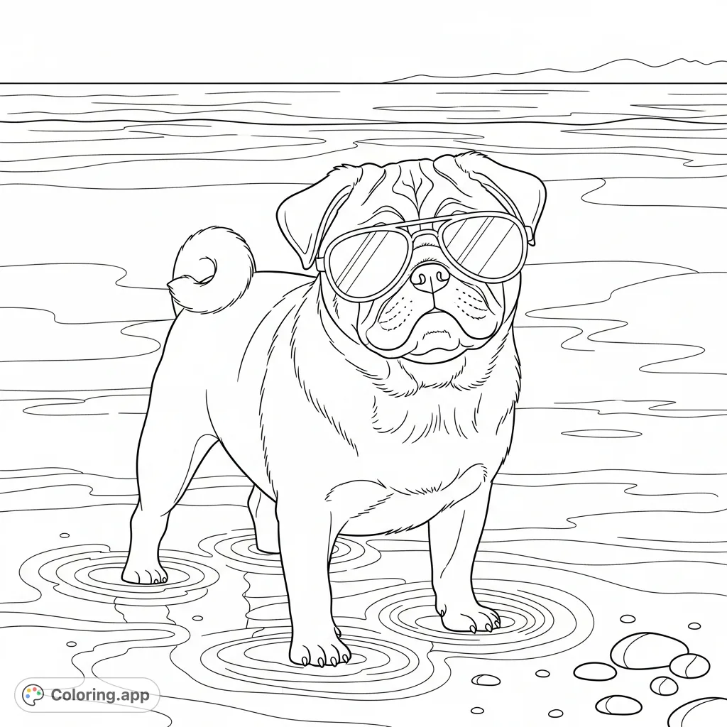 A delightful pug enjoys a serene beach day, standing in shallow waters with simplified waves. A charming scene for all animal lovers to color!