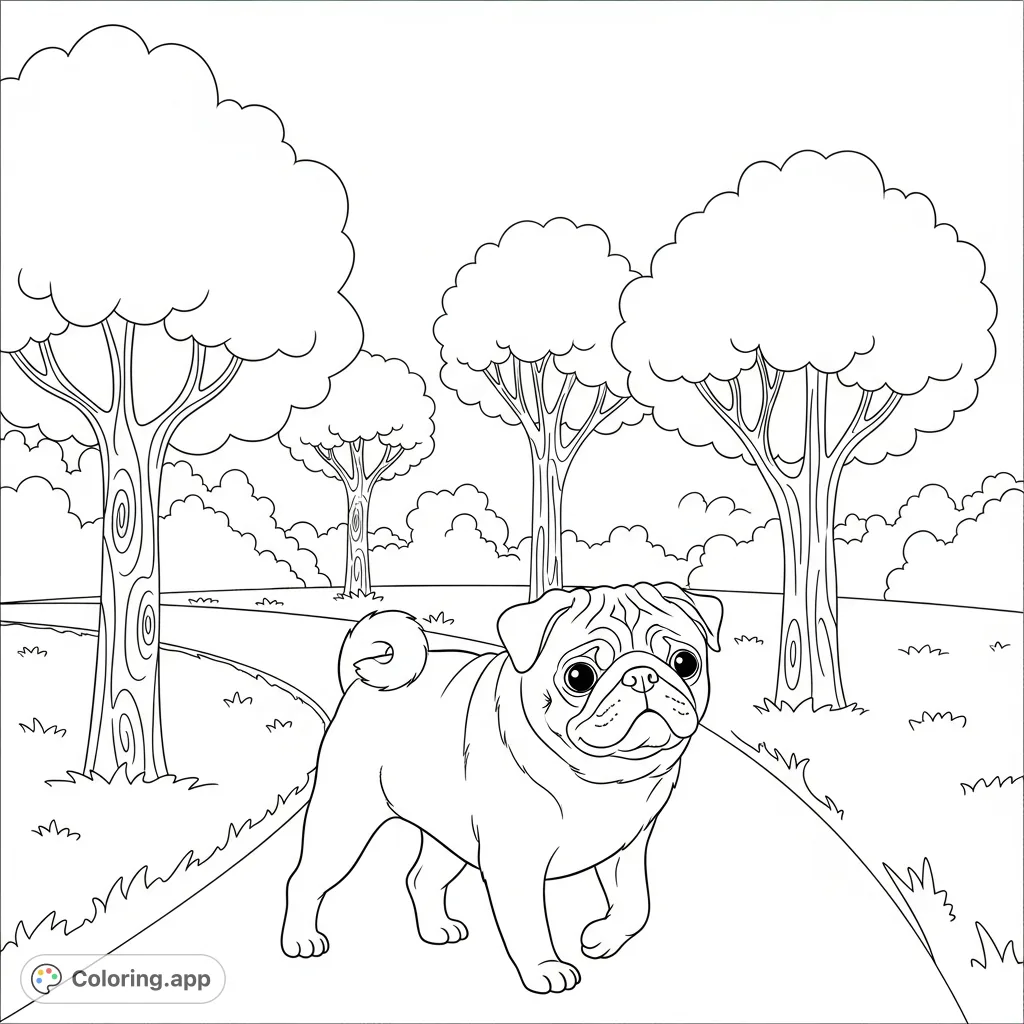 A charming pug walks a winding park path, ears perked, with simplified trees in the background. A delightful scene for animal lovers of all ages.