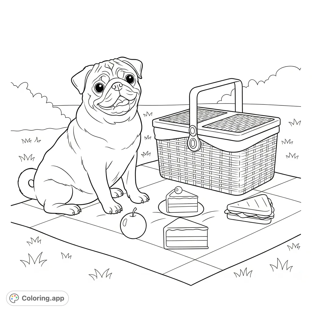A charming coloring page featuring a happy pug enjoying a delightful picnic with a basket and simplified food items on a blanket. A whimsical scene.