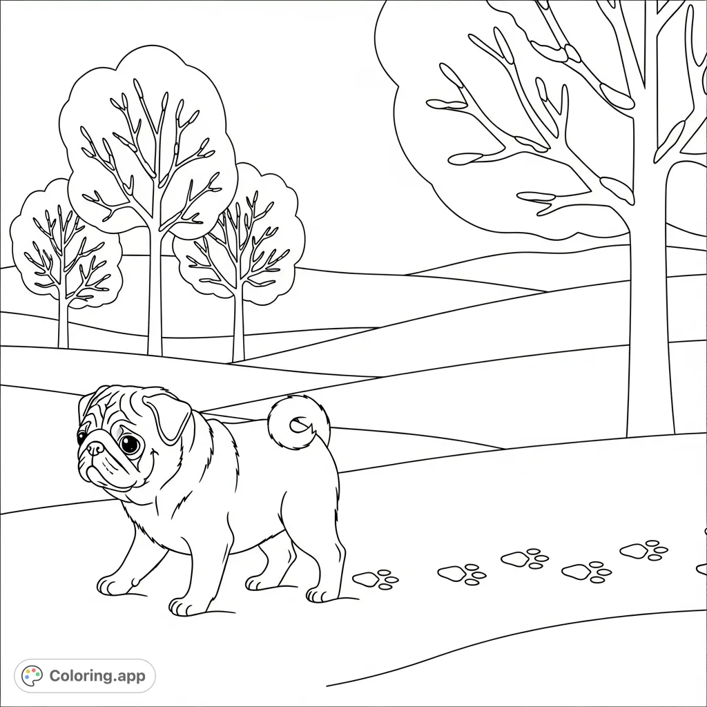 A charming pug explores a snowy landscape, leaving tiny paw prints behind, surrounded by simple, serene winter trees.