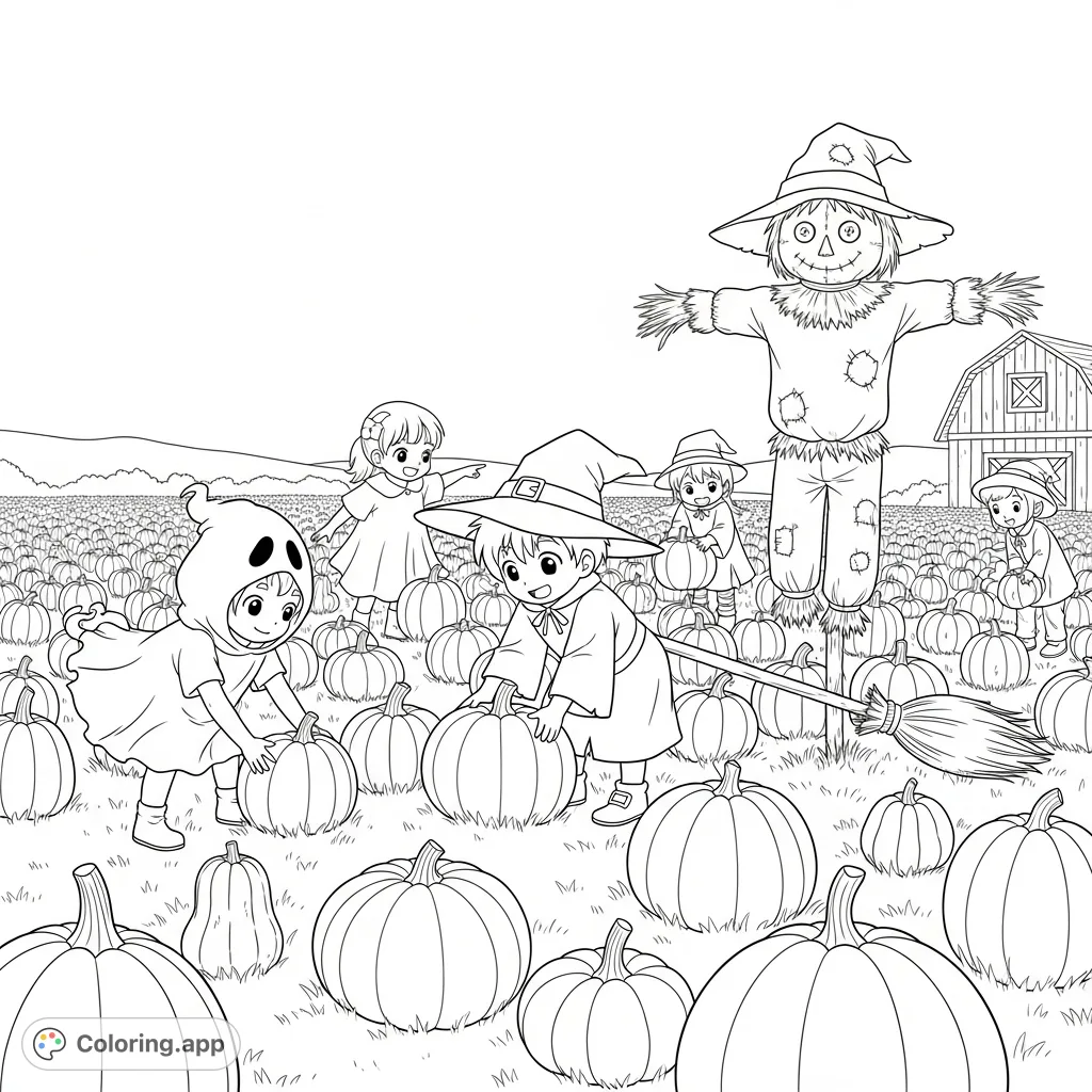 Explore a charming pumpkin patch under a twilight sky, featuring children in costumes, a friendly scarecrow, and a rustic barn. Perfect for fall fun!