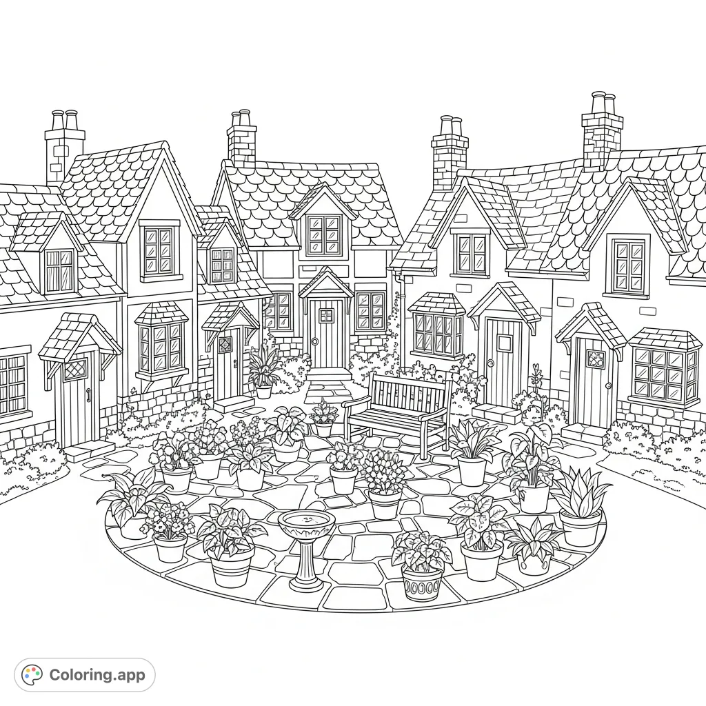 Explore a charming village scene with a cluster of quaint cottages surrounding a welcoming courtyard filled with lush potted plants and inviting details.