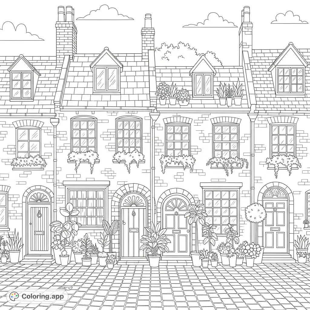 A delightful coloring page featuring a row of charming mews houses with arched doors, intricate windows, and abundant potted plants on cobblestone streets.