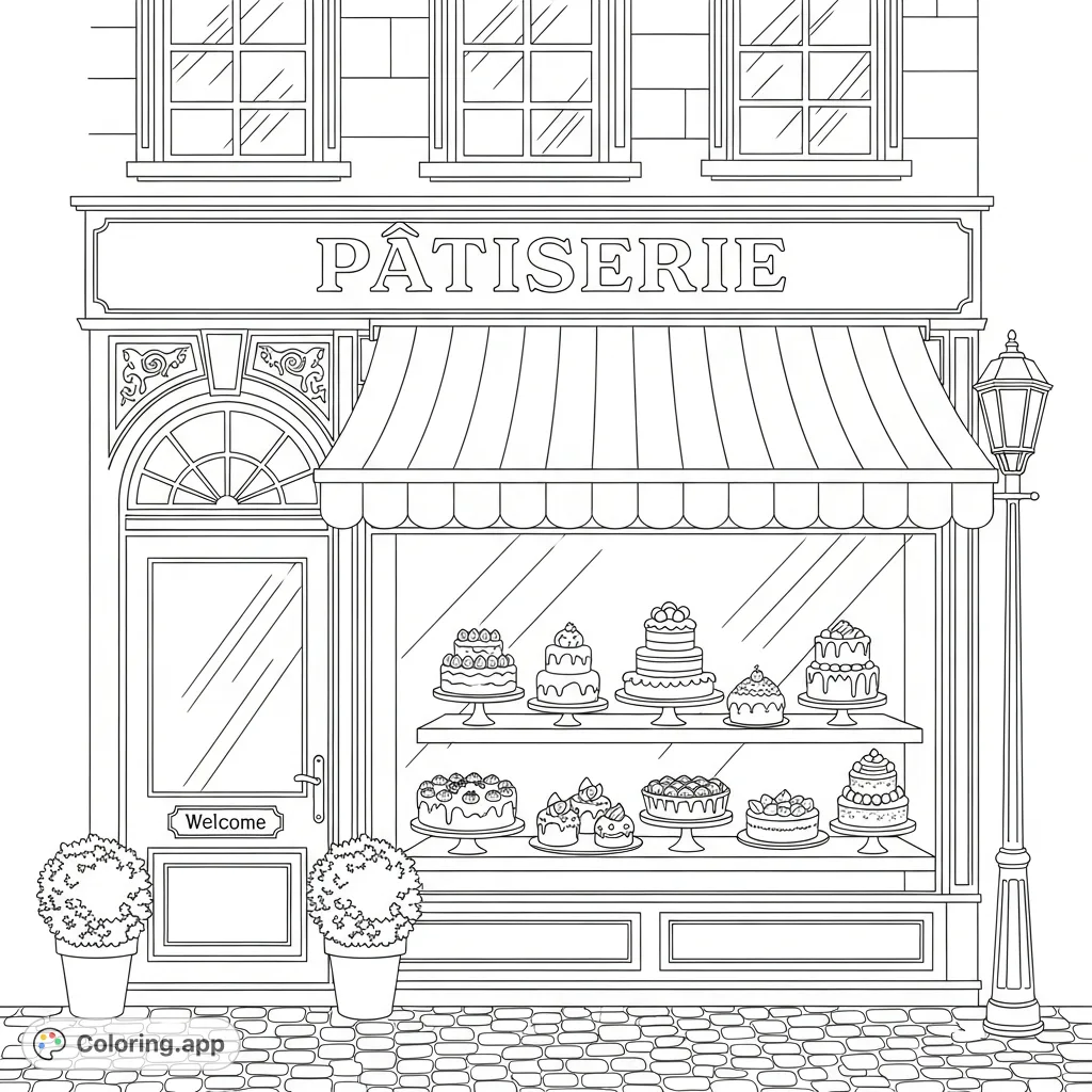 A charming pâtisserie exterior with an inviting display window filled with delectable pastries, a distinct striped awning, and delicate architectural details.
