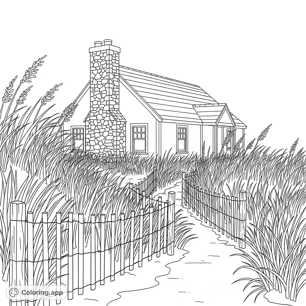 Step into a serene coastal escape. This charming coloring page features a cozy cottage with a stone chimney, a weathered dune fence, and swaying sea grasses.