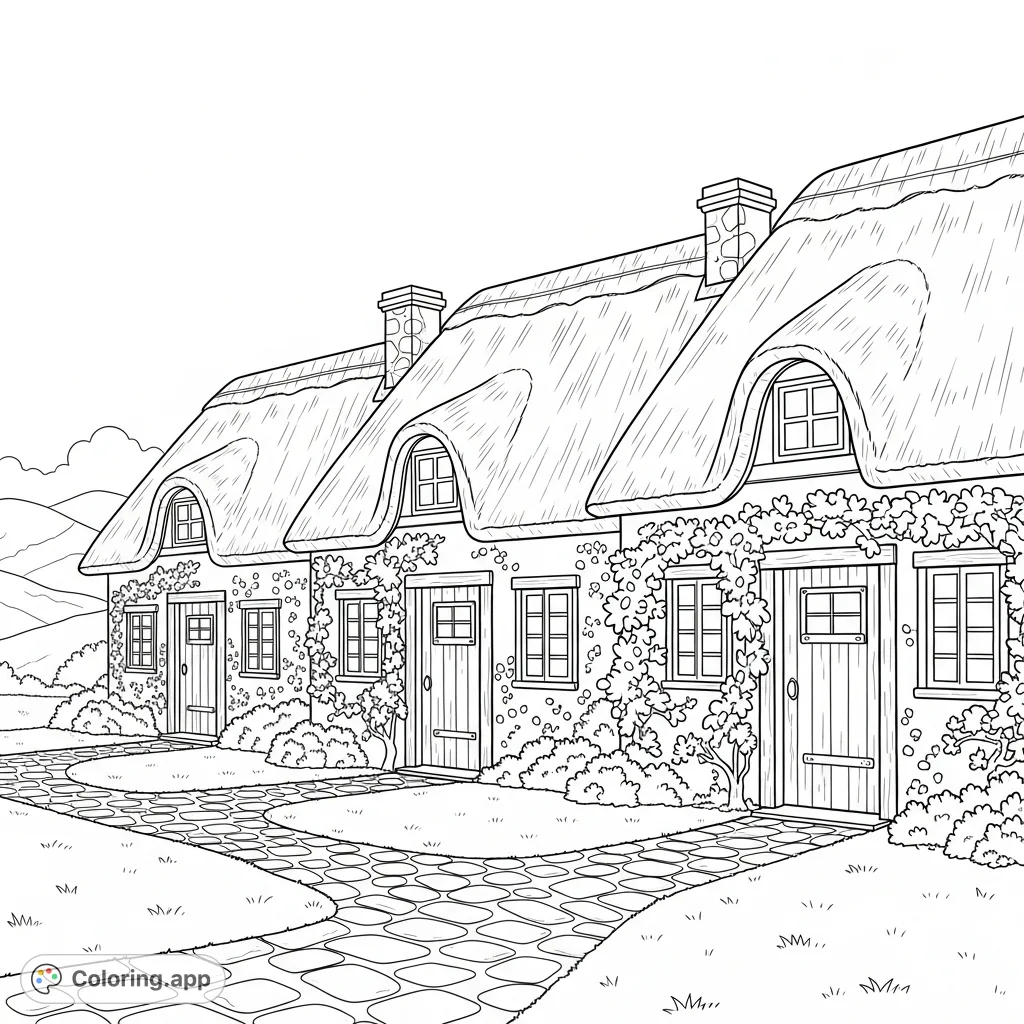Discover a charming row of quaint cottages, featuring inviting thatched roofs, intricate climbing vines, and a peaceful cobblestone path. A delightful scene for creative expression.