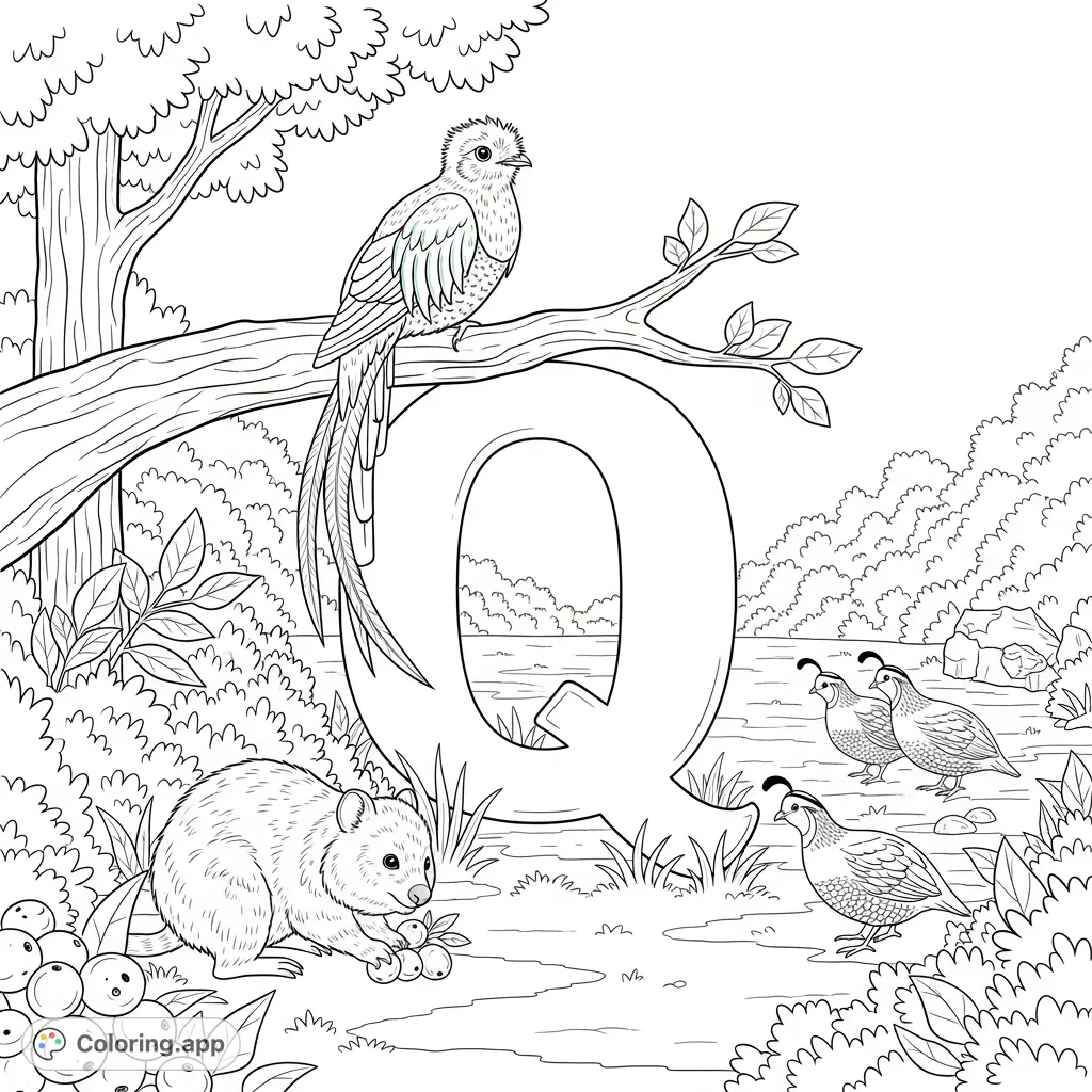 Explore the Letter Q with this vibrant coloring page featuring a majestic quetzal, a playful quokka, and foraging quail in a lush forest setting.
