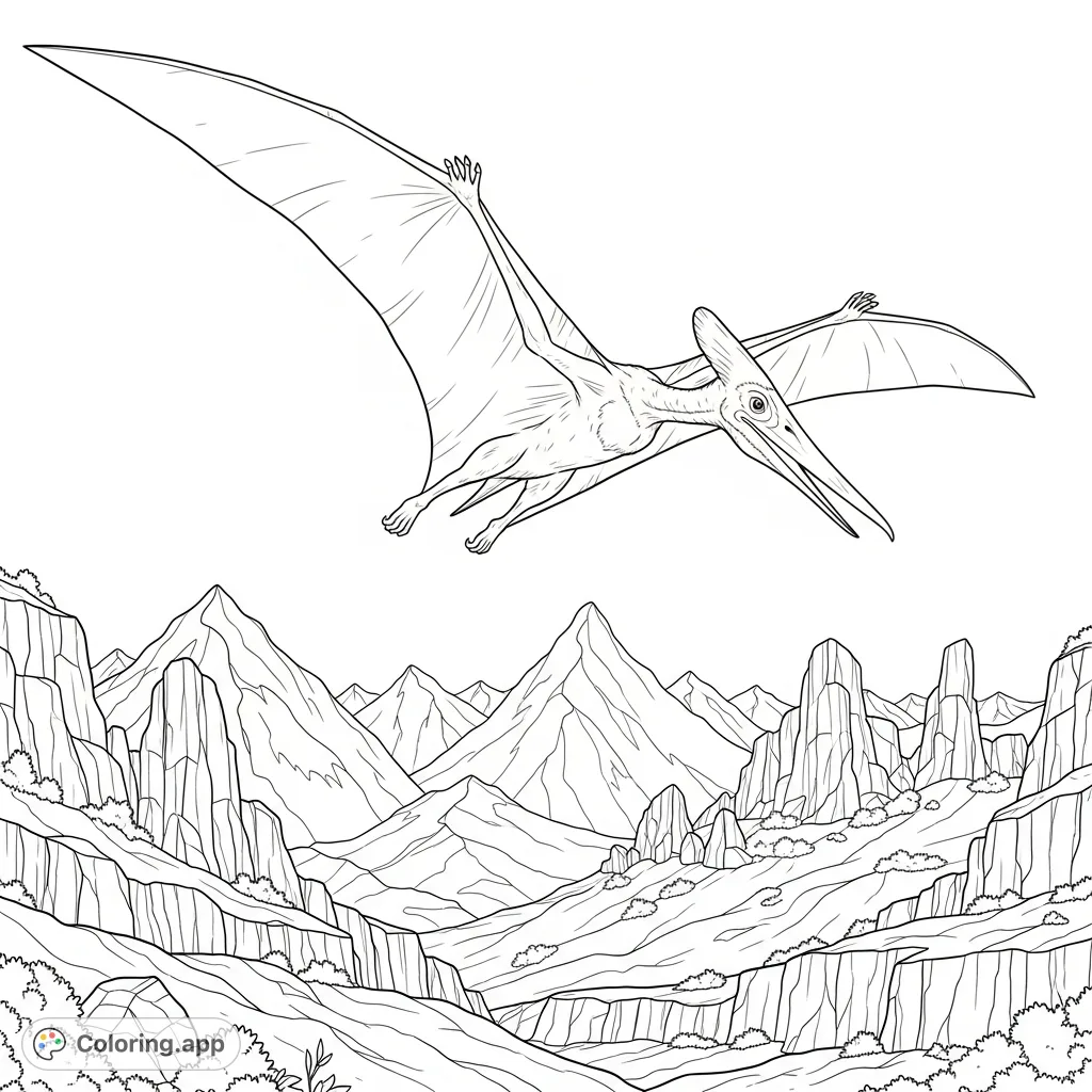 Soar with a majestic quetzalcoatlus above ancient, jagged mountains, a captivating prehistoric scene perfect for detailed coloring.