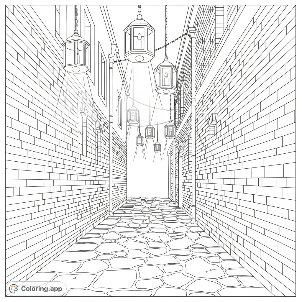 Explore a serene alleyway scene with tall brick walls, enchanting hanging lanterns, and flagstone ground. A peaceful coloring escape.