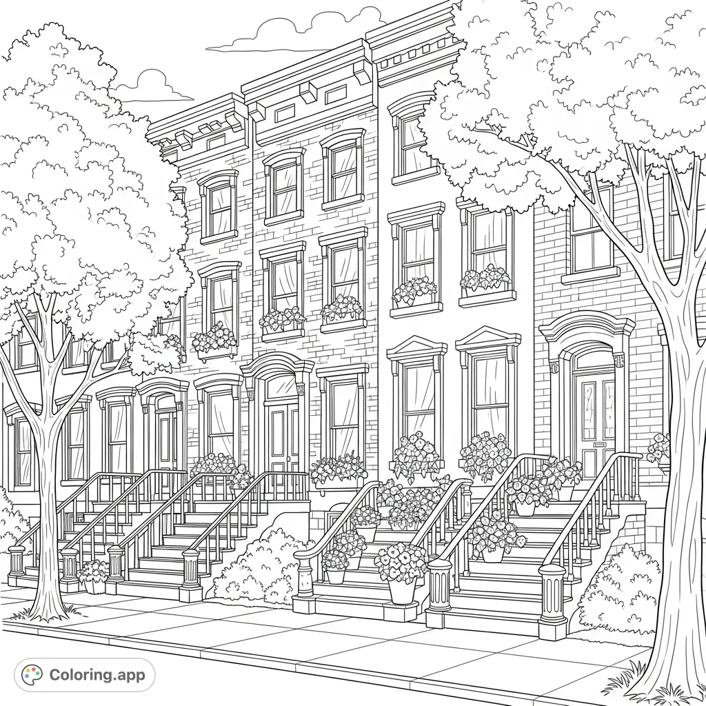 Explore a tranquil brownstone street scene featuring detailed architecture, blossoming flower pots, and lush trees. A delightful urban escape.