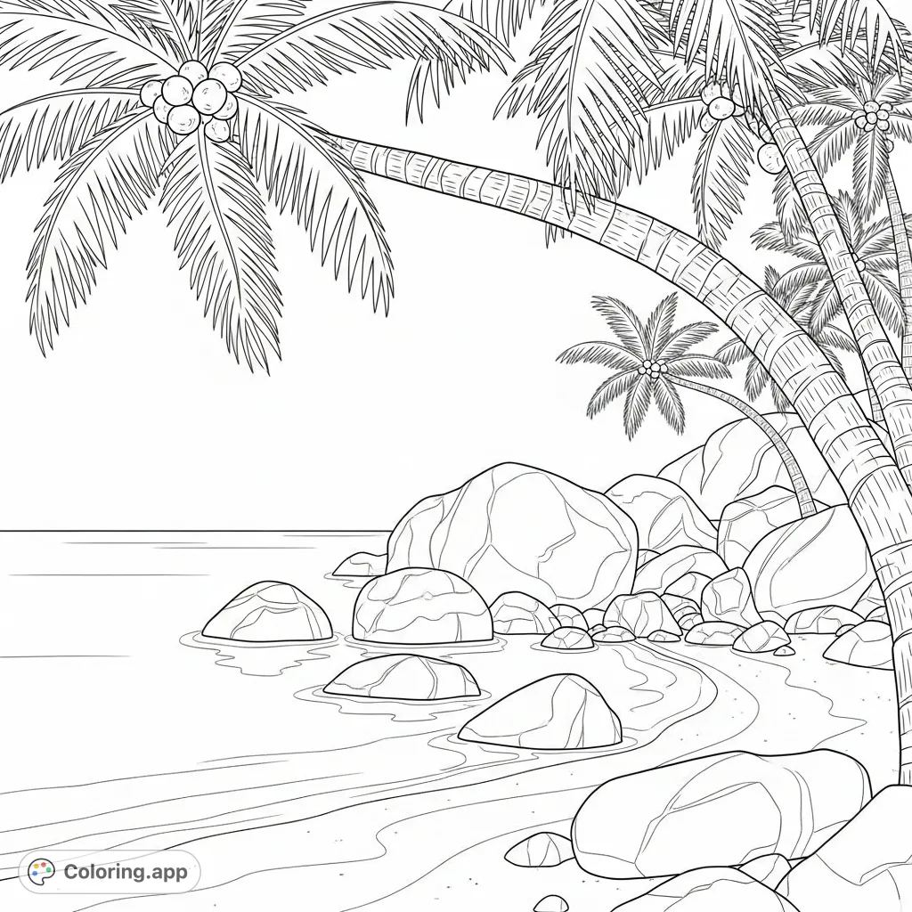 A tranquil coloring page depicting a peaceful cove with smooth boulders, soft sandy shorelines, and graceful palm trees reaching overhead.