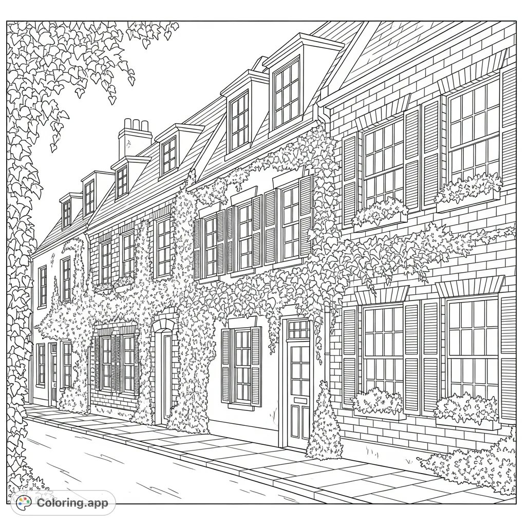 Discover a serene residential street with brick walls, climbing ivy, and shuttered windows. A peaceful urban escape for mindful coloring. Perfect for detail lovers.