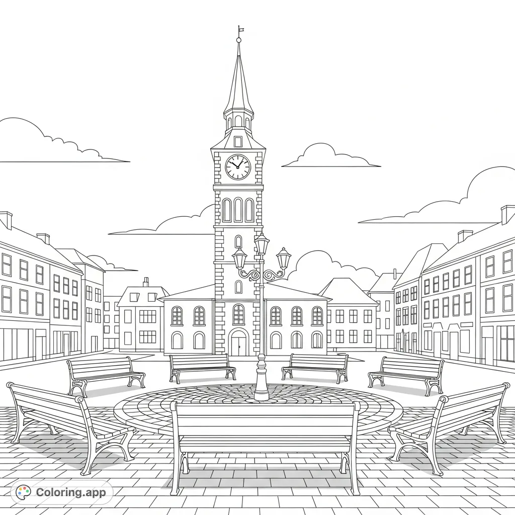 Explore a serene town square coloring page, featuring park benches, cobblestone paths, and a majestic clock tower silhouette in the background.