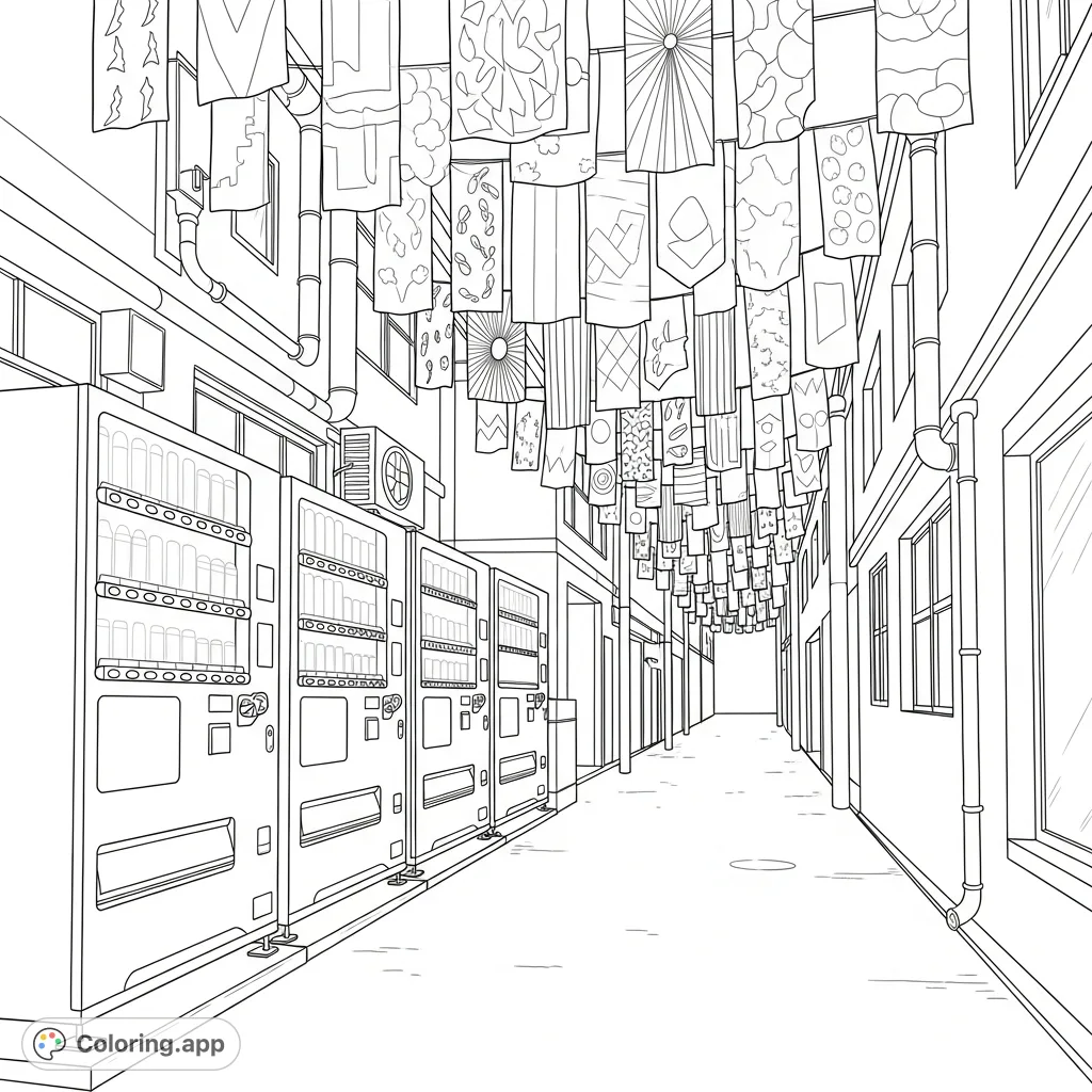 Explore a tranquil urban alley with simplified vending machines and decorative banners overhead. A detailed scene offering both larger and smaller areas for coloring creativity.