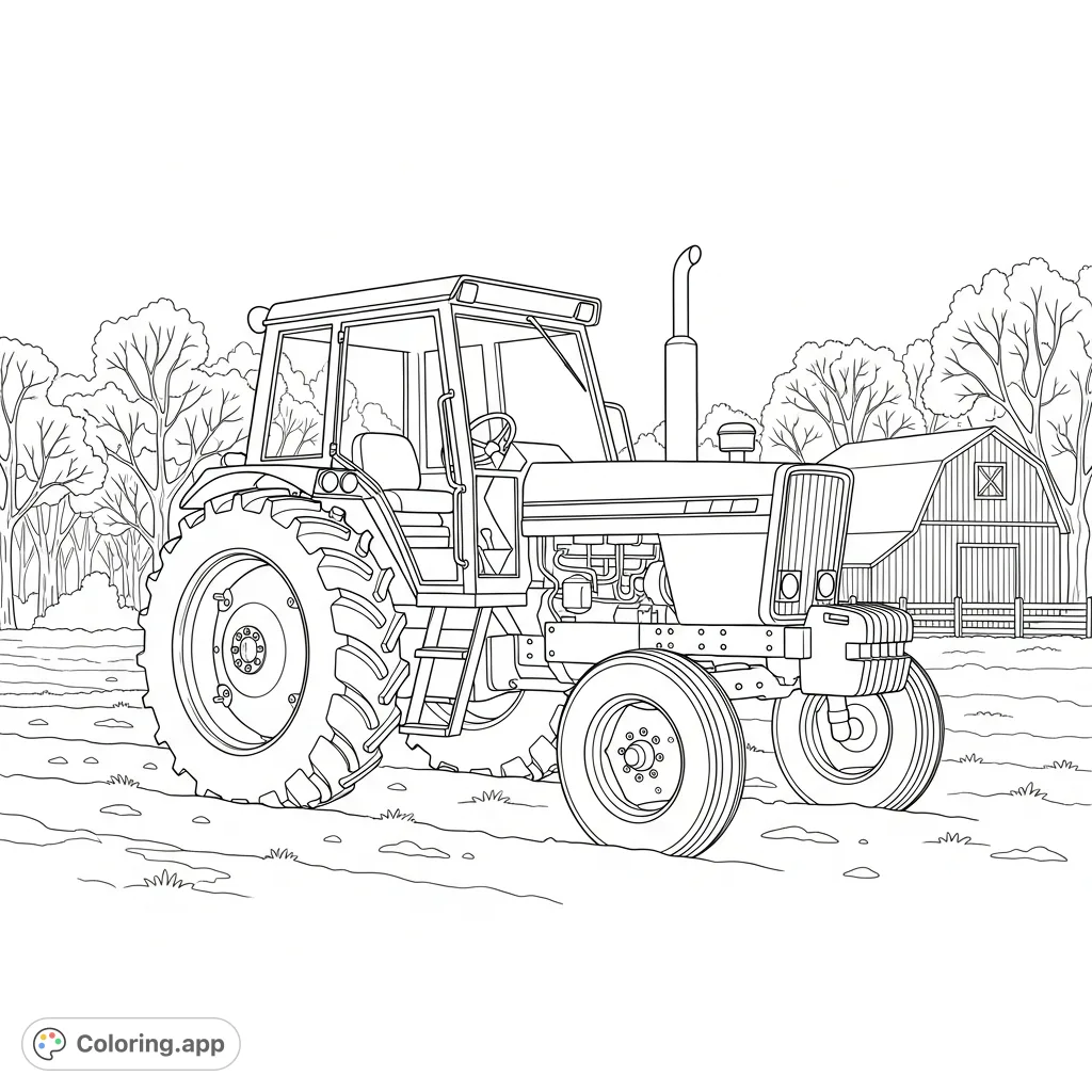 A sturdy farm tractor parked in a serene winter landscape, lightly dusted with snow. Features a barn and leafless trees in the background for a rustic scene.