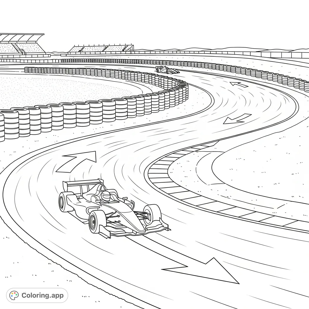 A dynamic coloring page featuring a race car expertly navigating an S-curve track, complete with tire barriers and directional arrows.