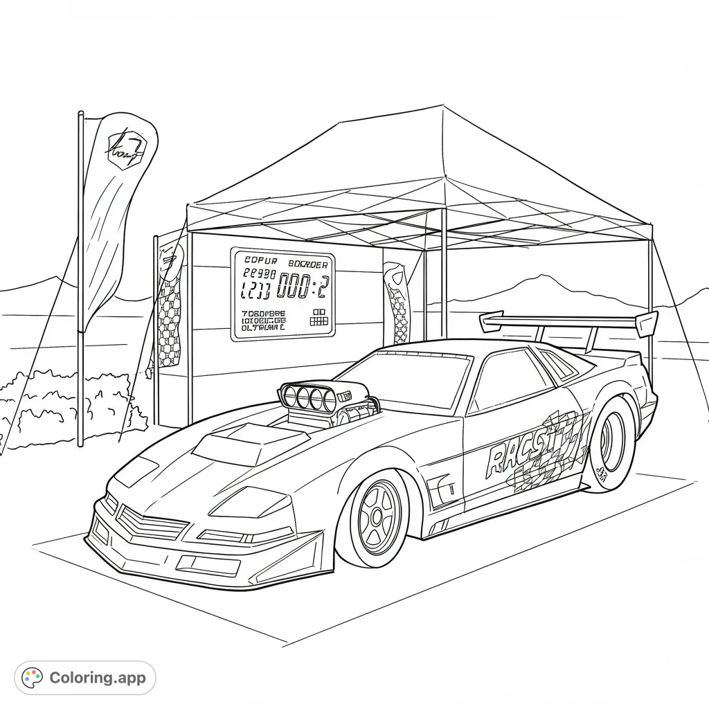 Dynamic race car at a pit stop, featuring a powerful engine and sleek design under a display tent. Perfect for speed enthusiasts.