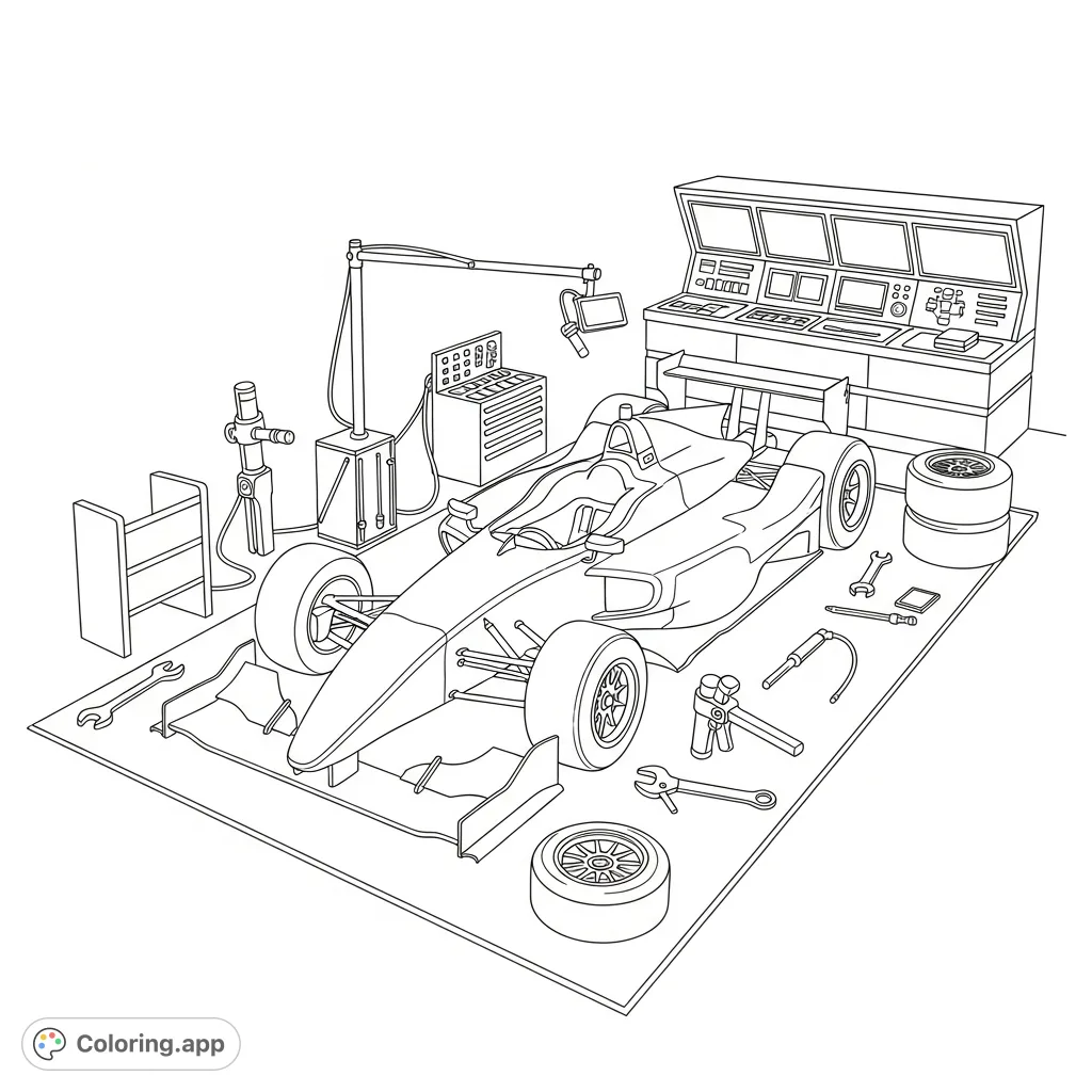 A detailed coloring page featuring a generic race car in a bustling pit lane, surrounded by tools and a simplified pit wall. Perfect for motor sports fans.