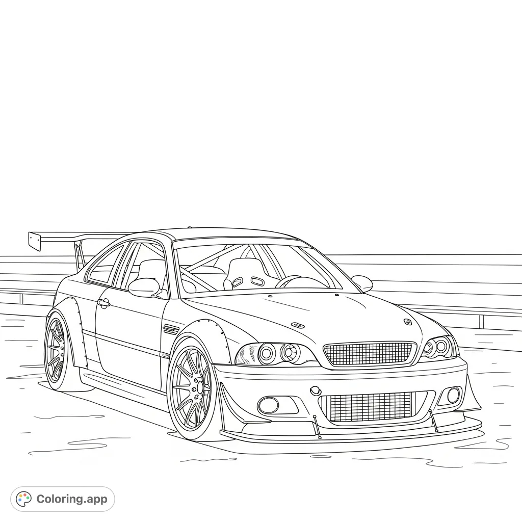 Color a detailed M3-style race coupe in a pit lane paddock. Features wide body kit, large wing, sporty wheels, and a visible roll cage.
