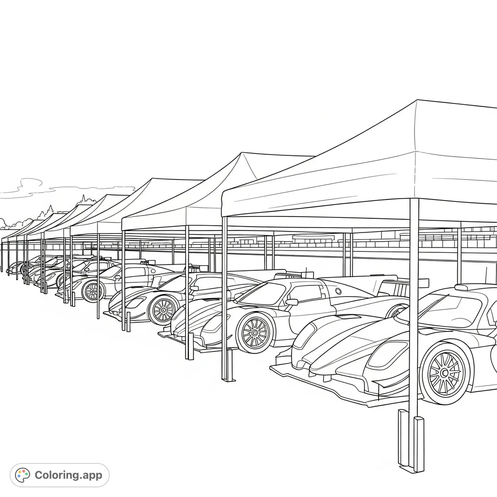 Step into the exciting world of motorsports with this detailed paddock scene featuring race cars parked under simplified tents, ready for coloring fun.